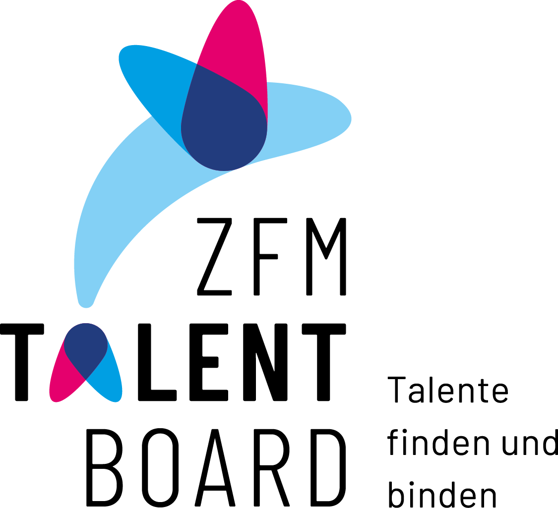 Designelement "Fisch" bestehend aus zfm-Logoelement mit pink, lila und blau und hellblauem Körper, dazu Text: ZFM TALENT BOARD, Talente finden und binden